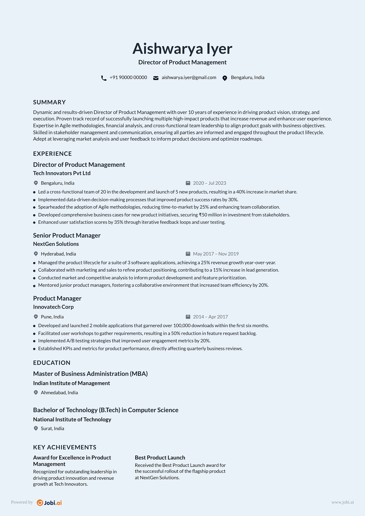 Product Manager resume example — Director of Product Management