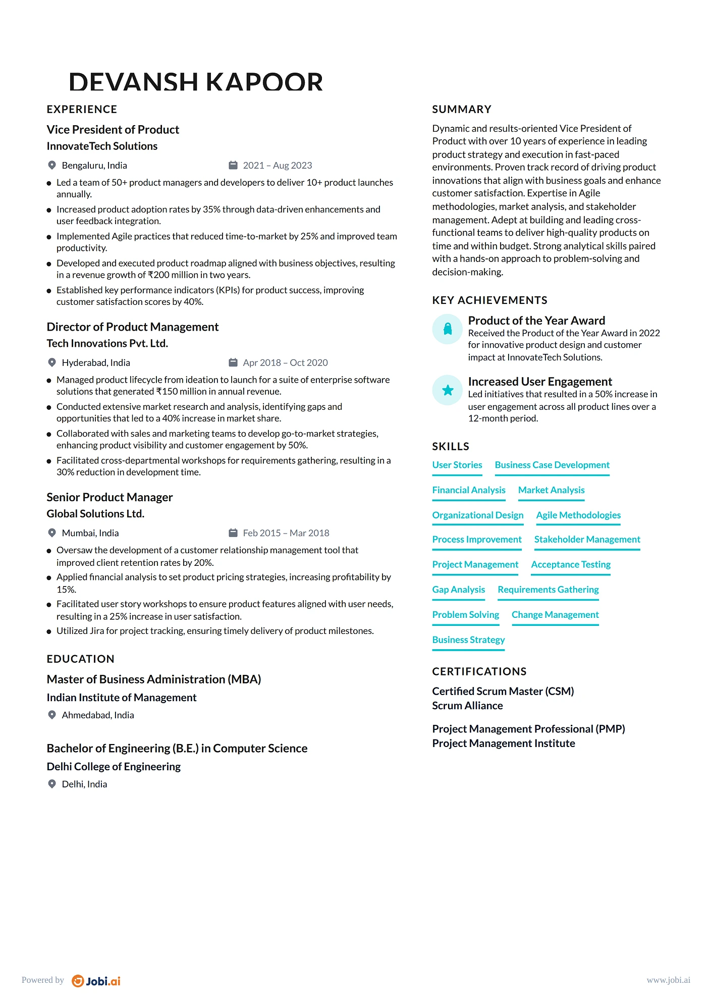 Product Manager resume example — Vice President of Product