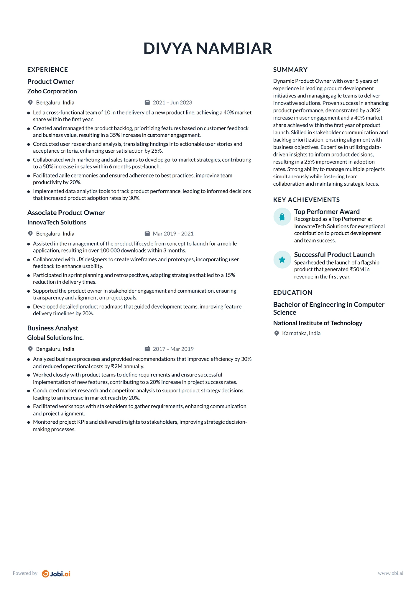 Product Manager resume example — Product Owner