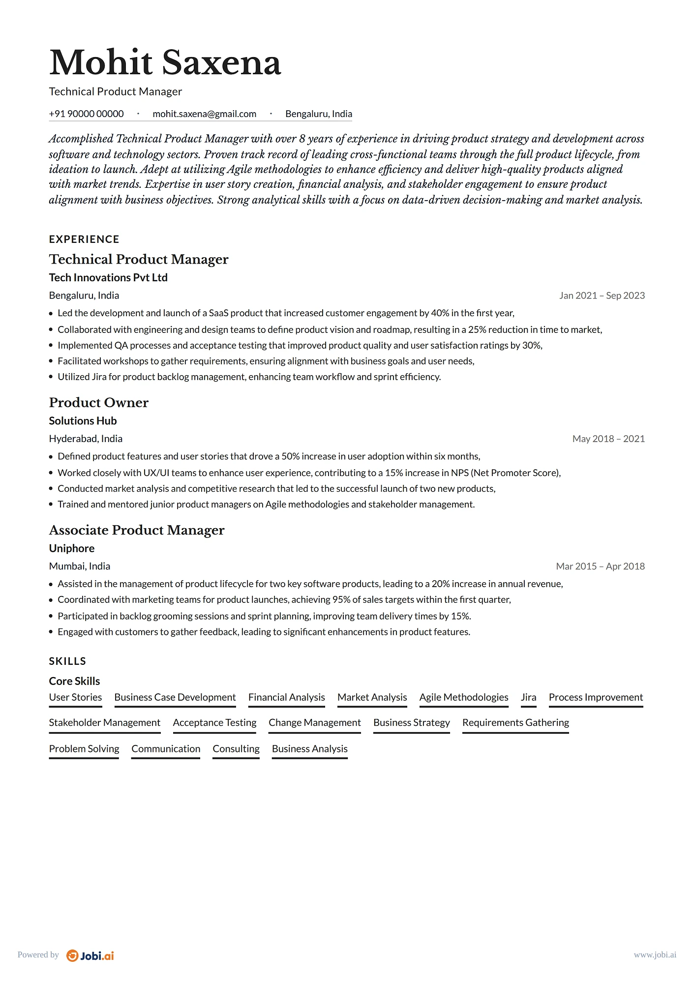 Product Manager resume example — Technical Product Manager