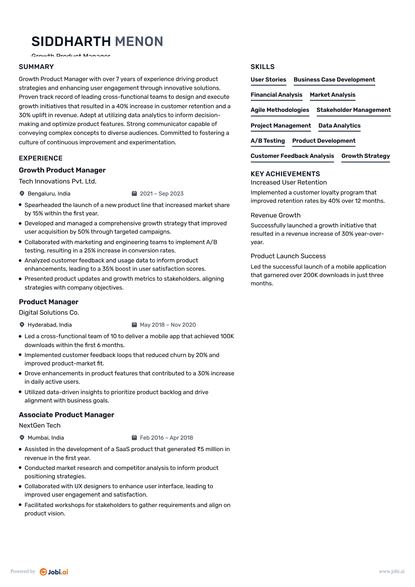 Product Manager resume example — Growth Product Manager