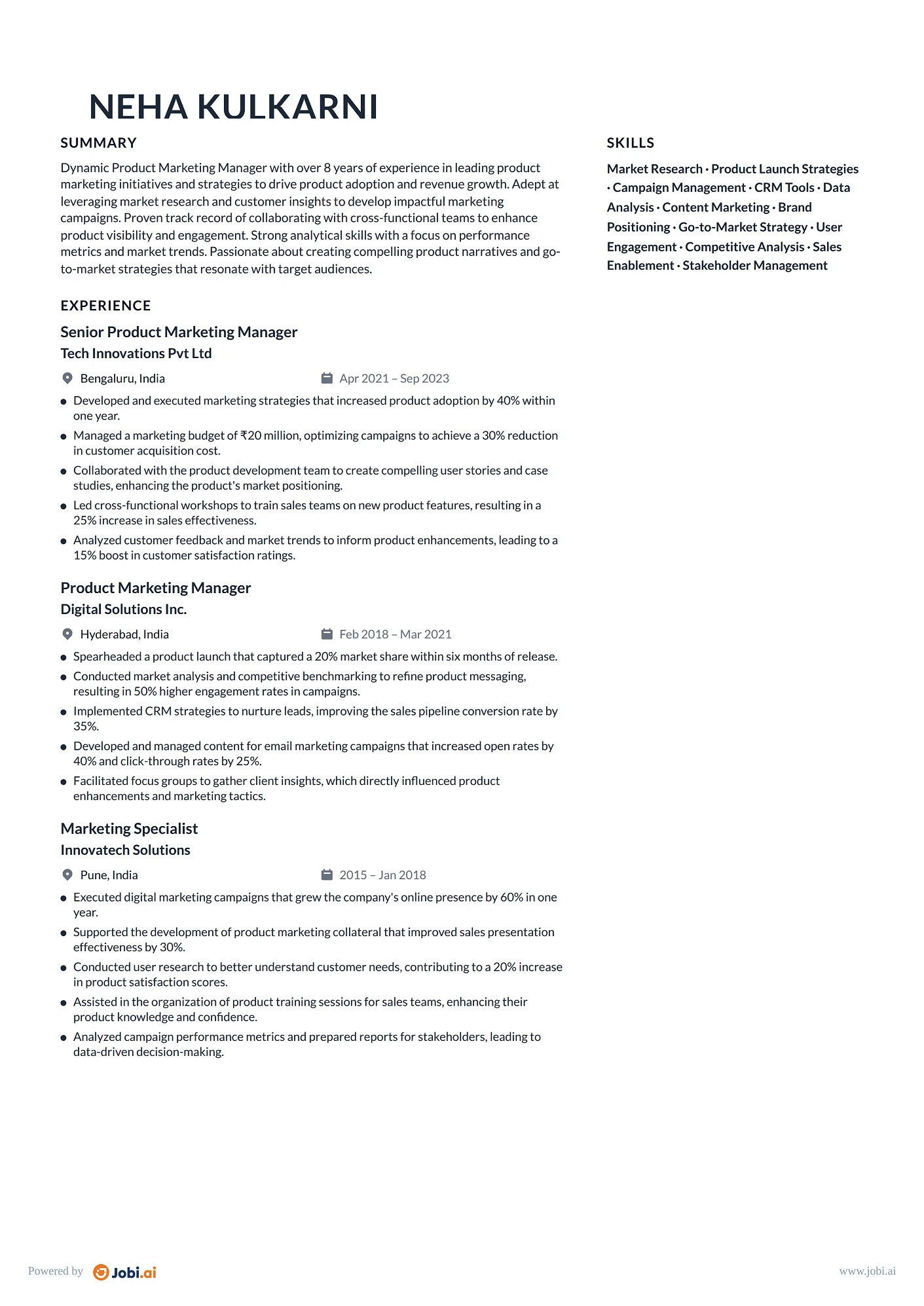 Product Manager resume example — Product Marketing Manager
