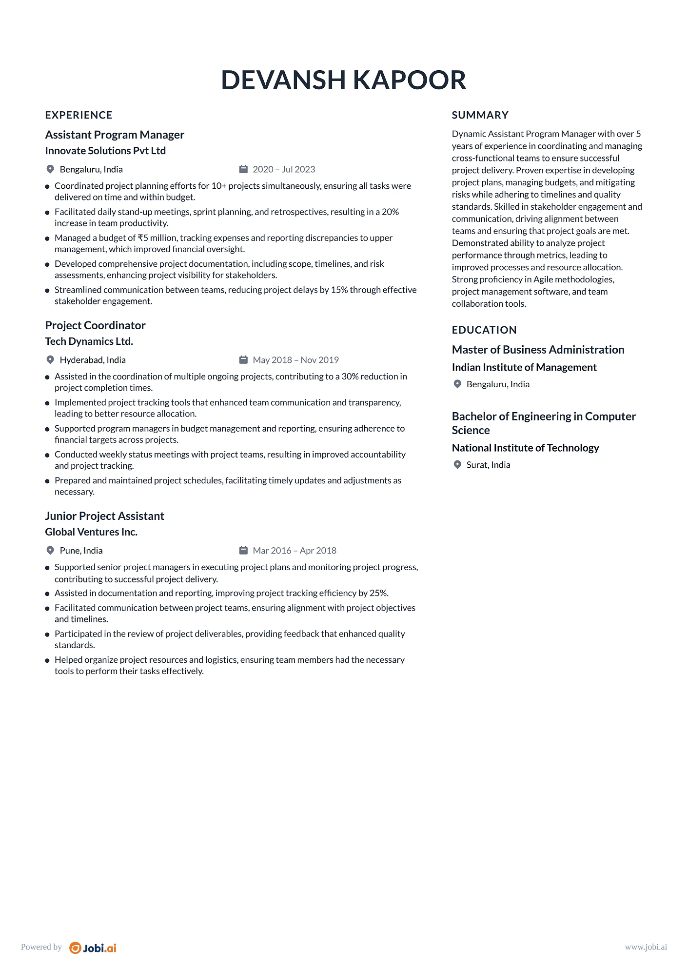 Program Manager resume example — Assistant Program Manager