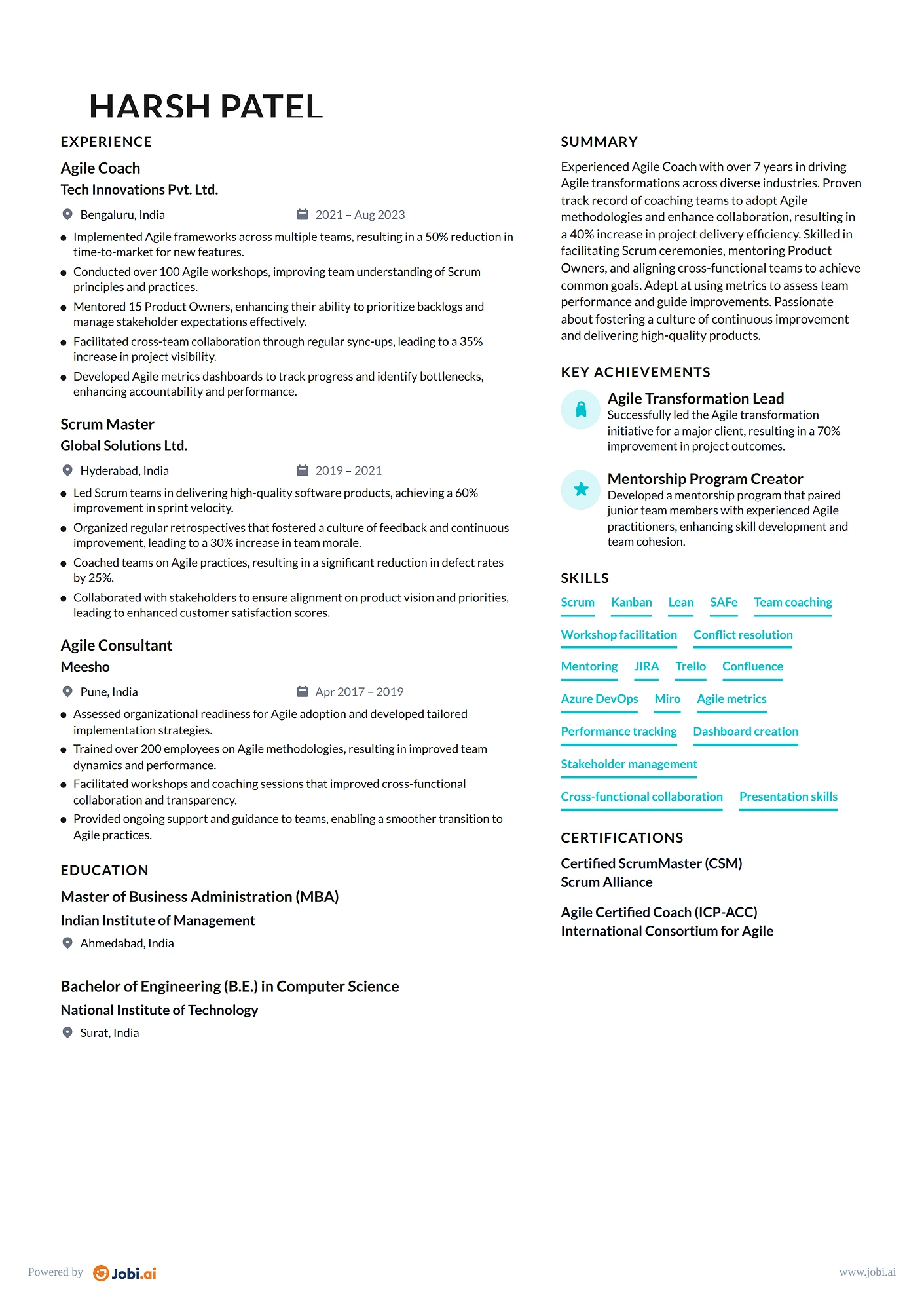 Program Manager resume example — Agile Coach