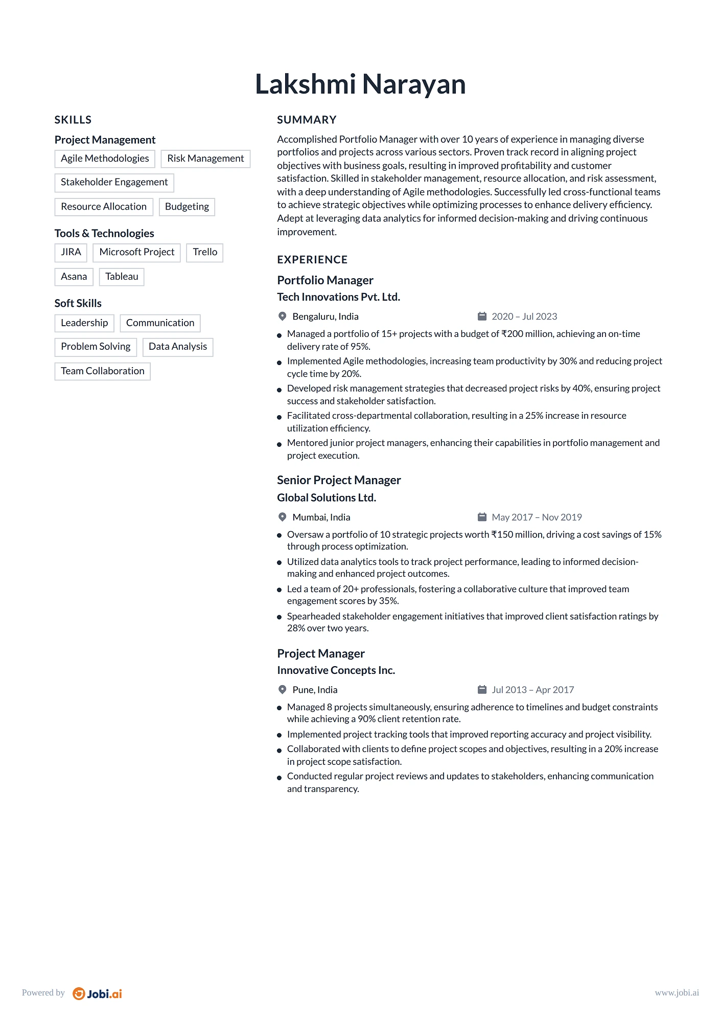 Program Manager resume example — Portfolio Manager