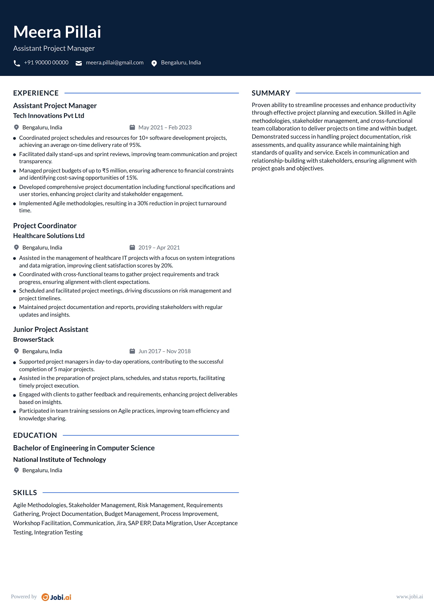 Project Manager resume example — Assistant Project Manager