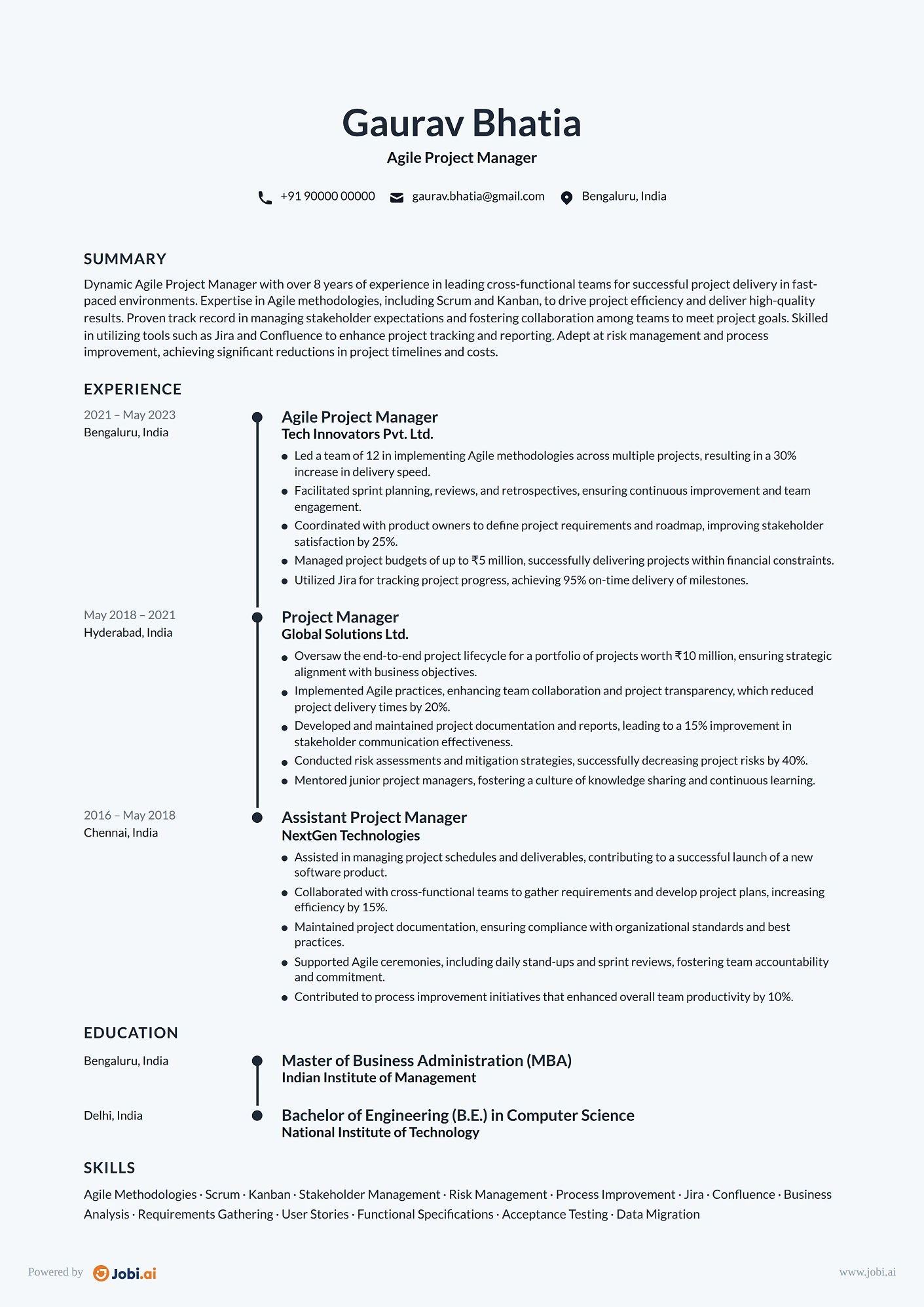 Project Manager resume example — Agile Project Manager