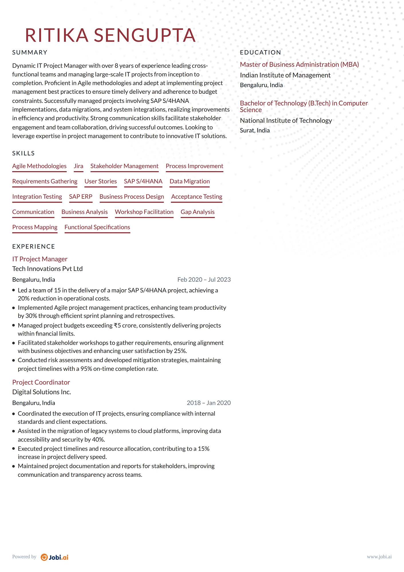 Project Manager resume example — IT Project Manager
