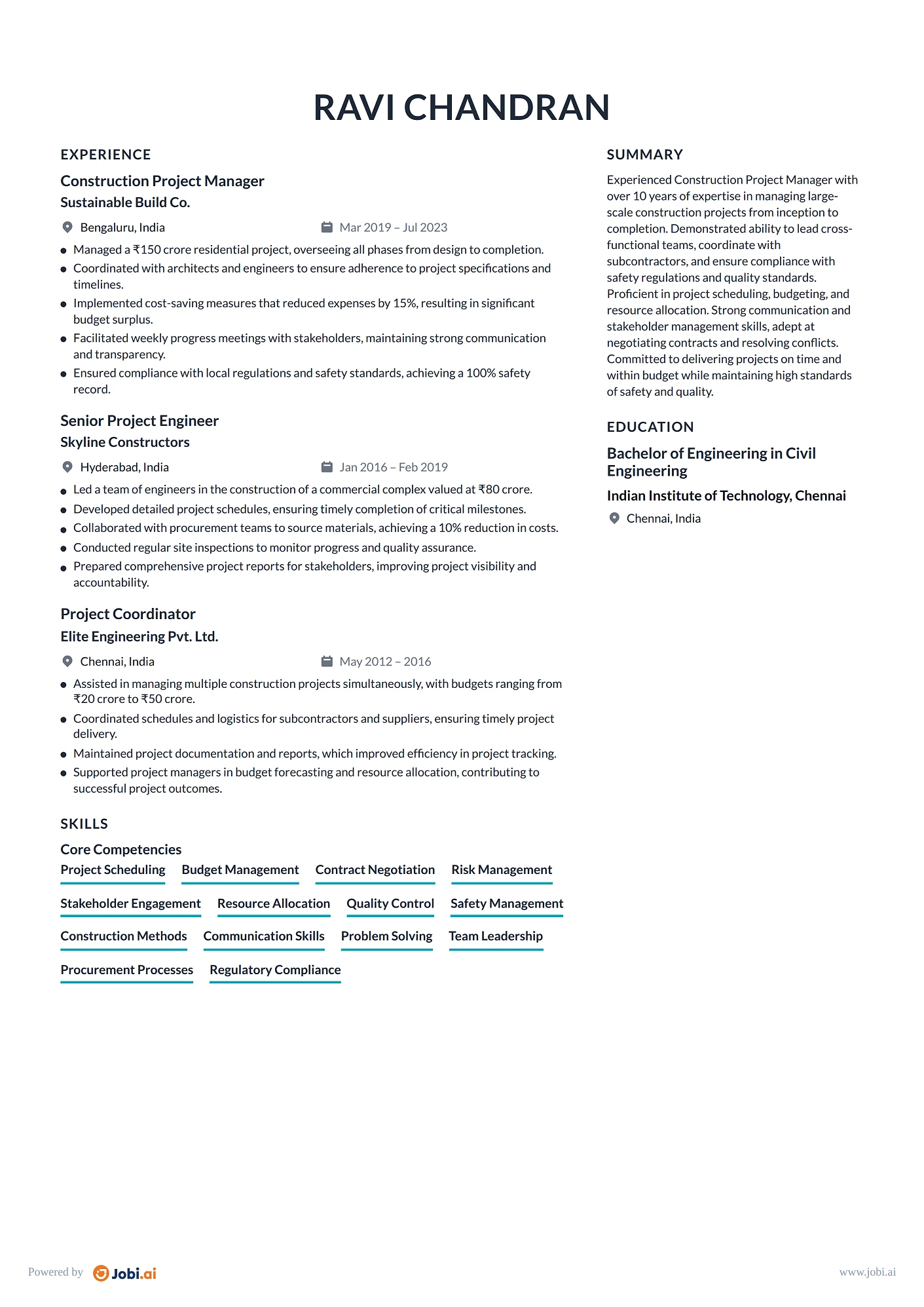 Project Manager resume example — Construction Project Manager