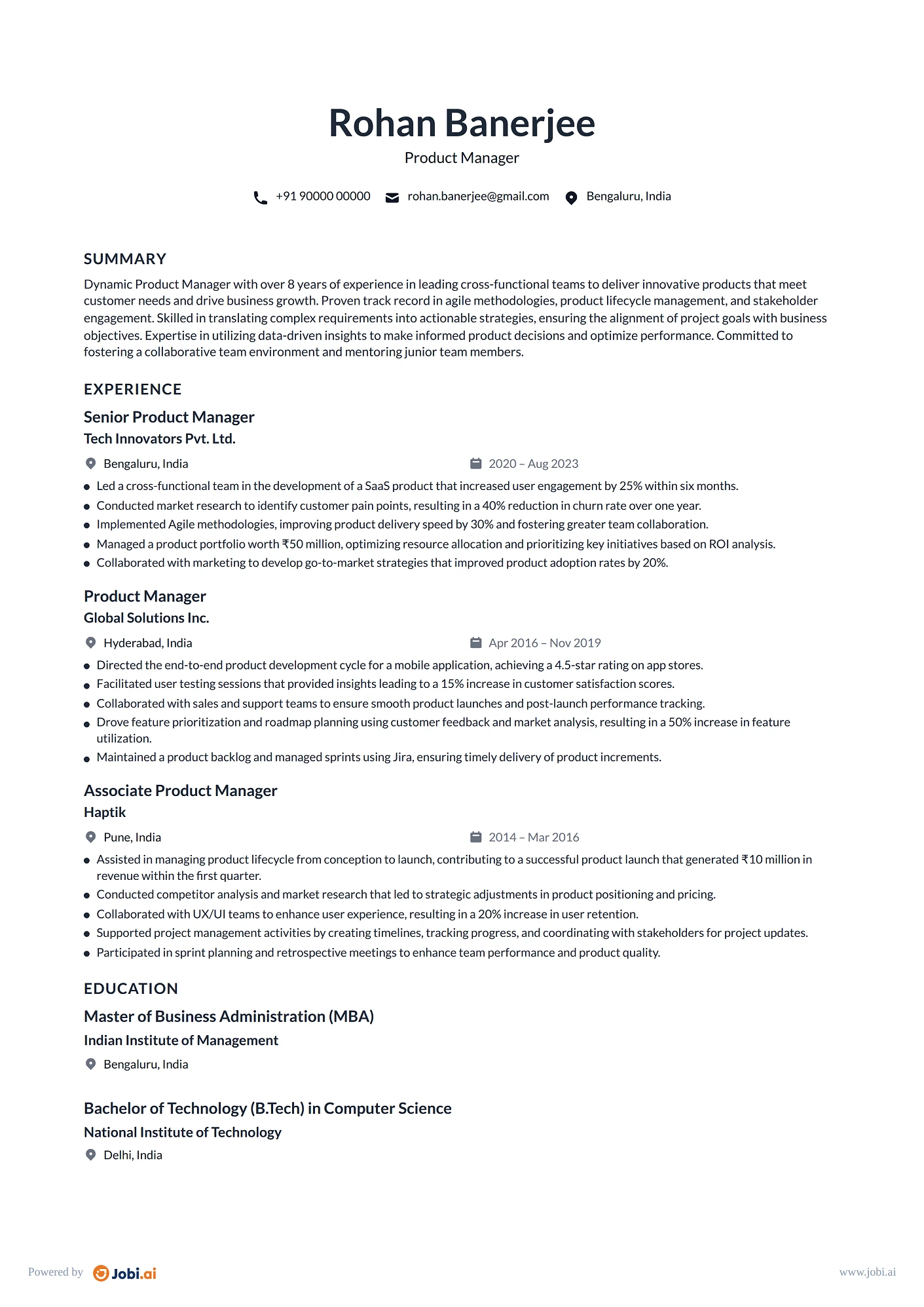 Project Manager resume example — Product Manager