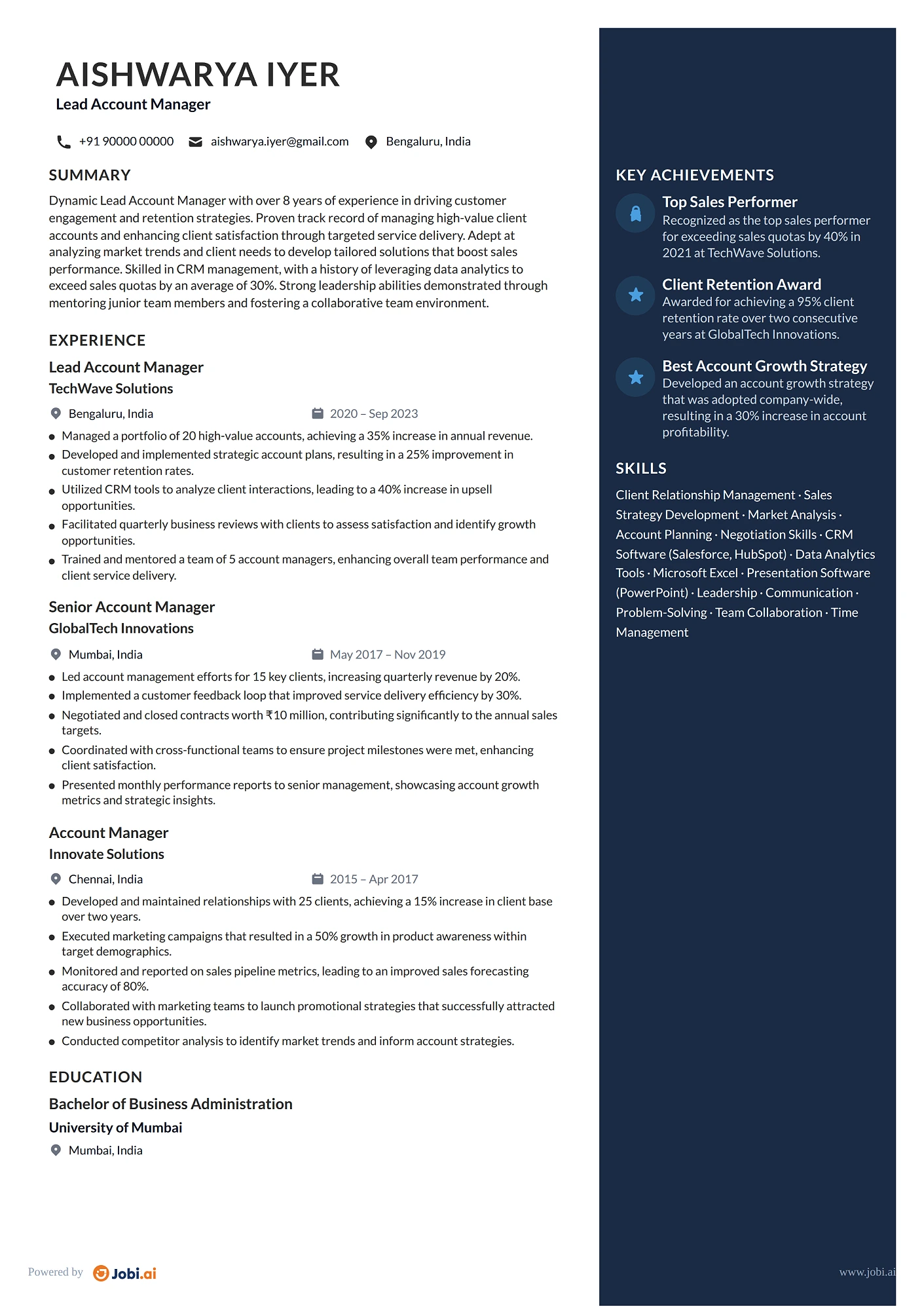 Account Manager resume example — Lead Account Manager
