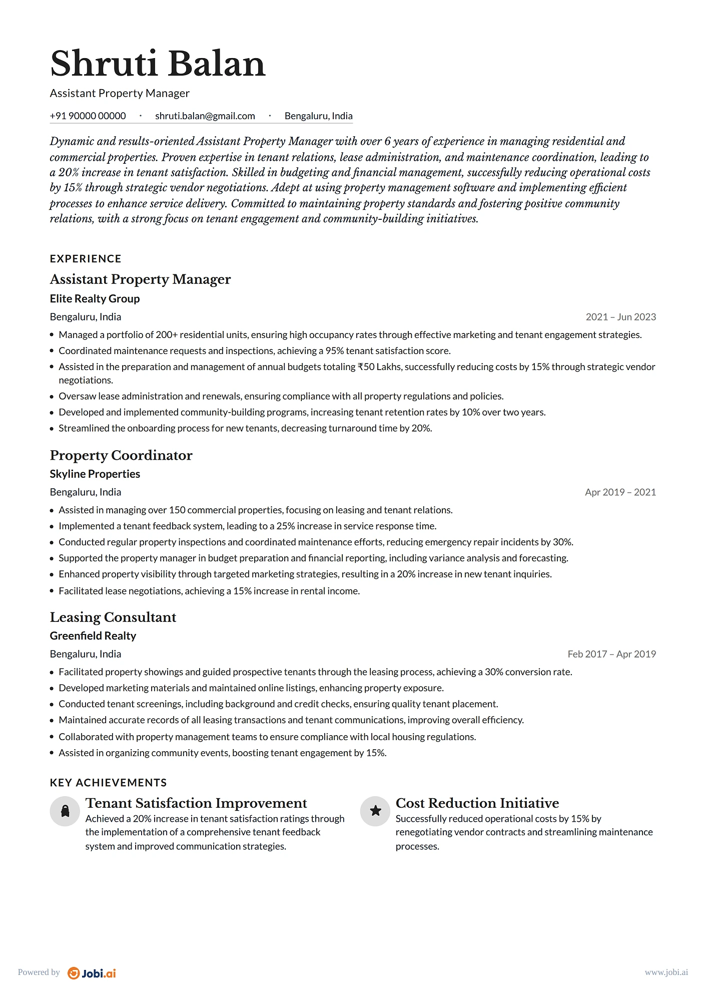 Property Manager resume example — Assistant Property Manager
