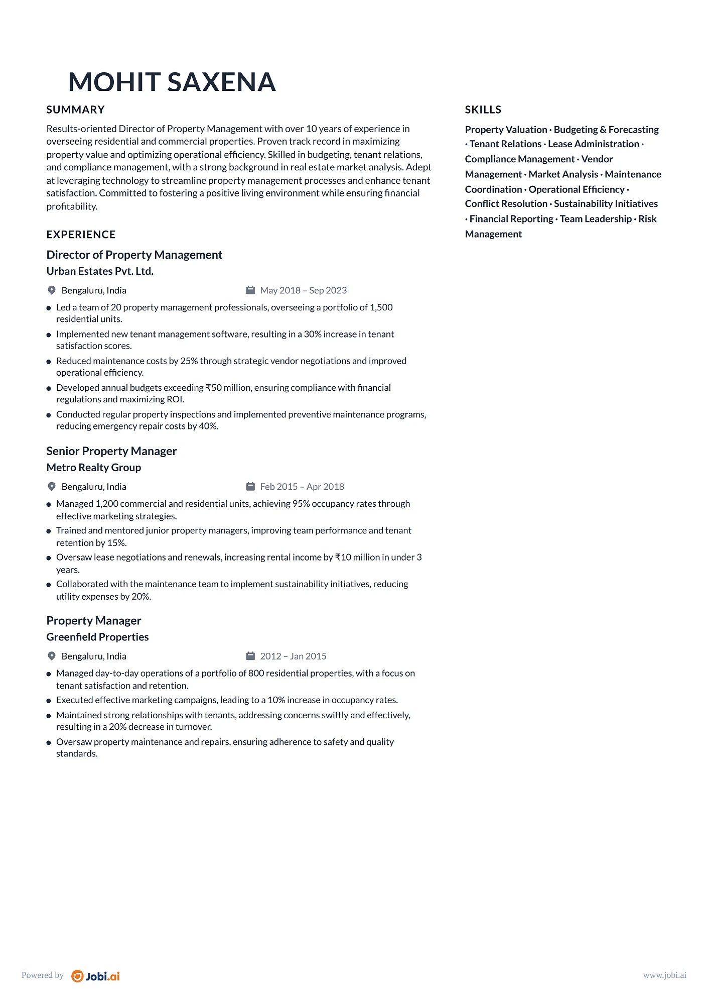 Property Manager resume example — Director of Property Management