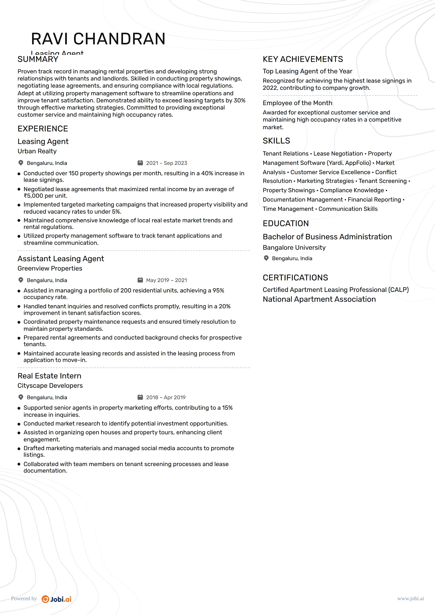 Property Manager resume example — Leasing Agent