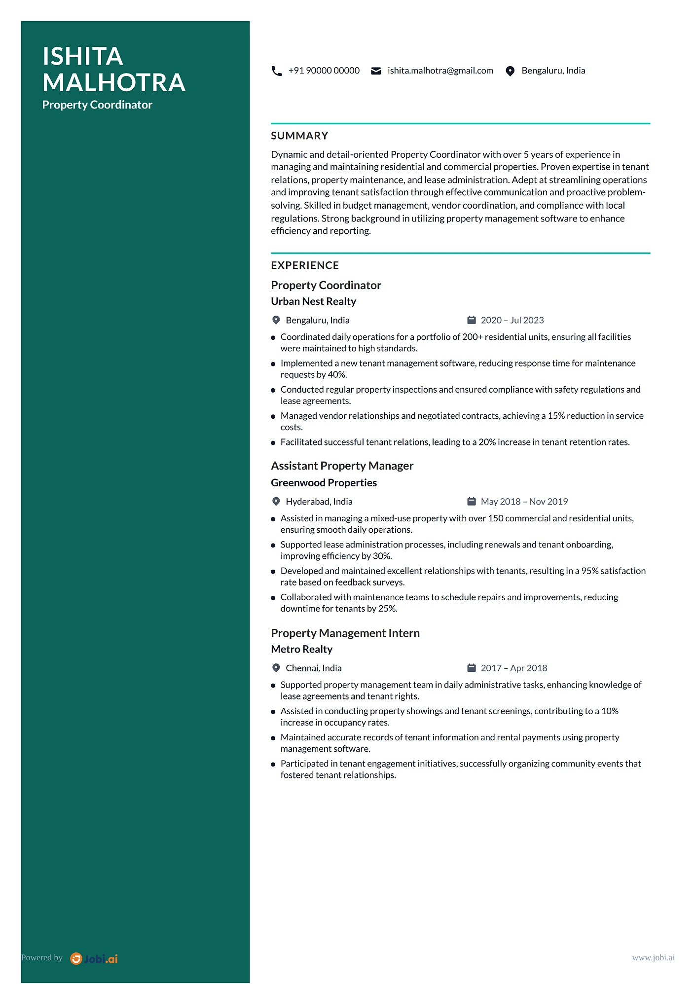 Property Manager resume example — Property Coordinator