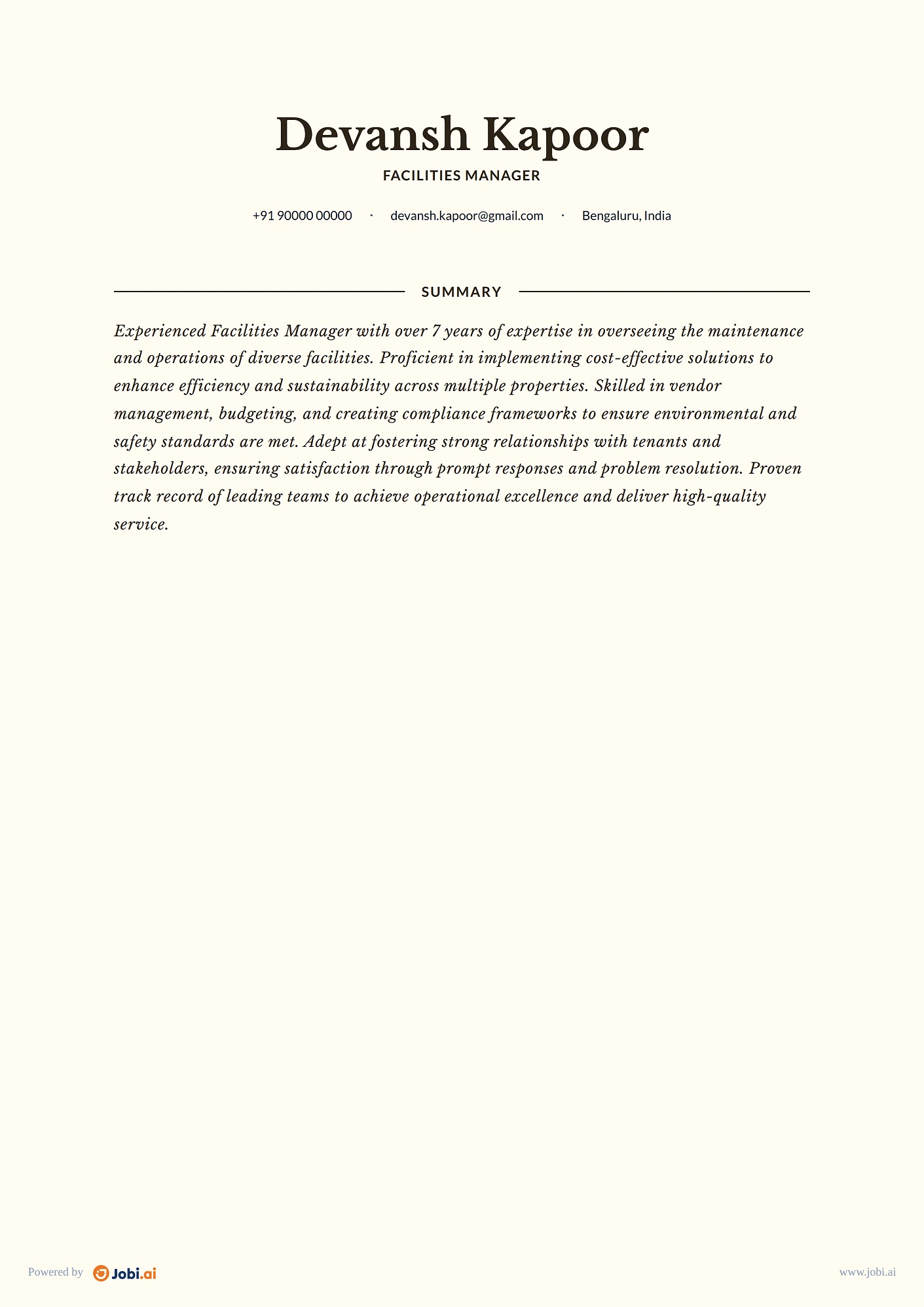 Property Manager resume example — Facilities Manager