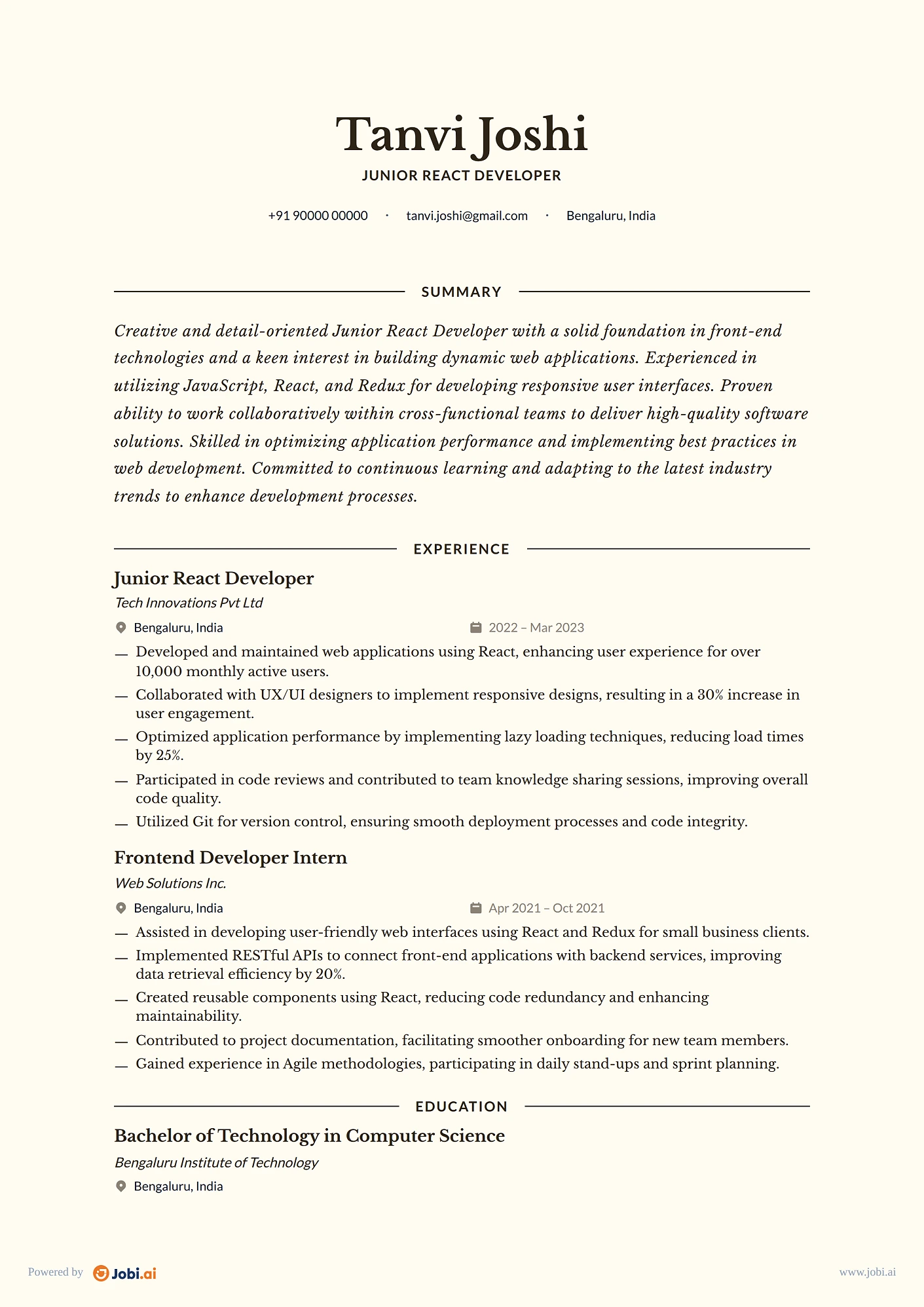 React Developer resume example — Junior React Developer