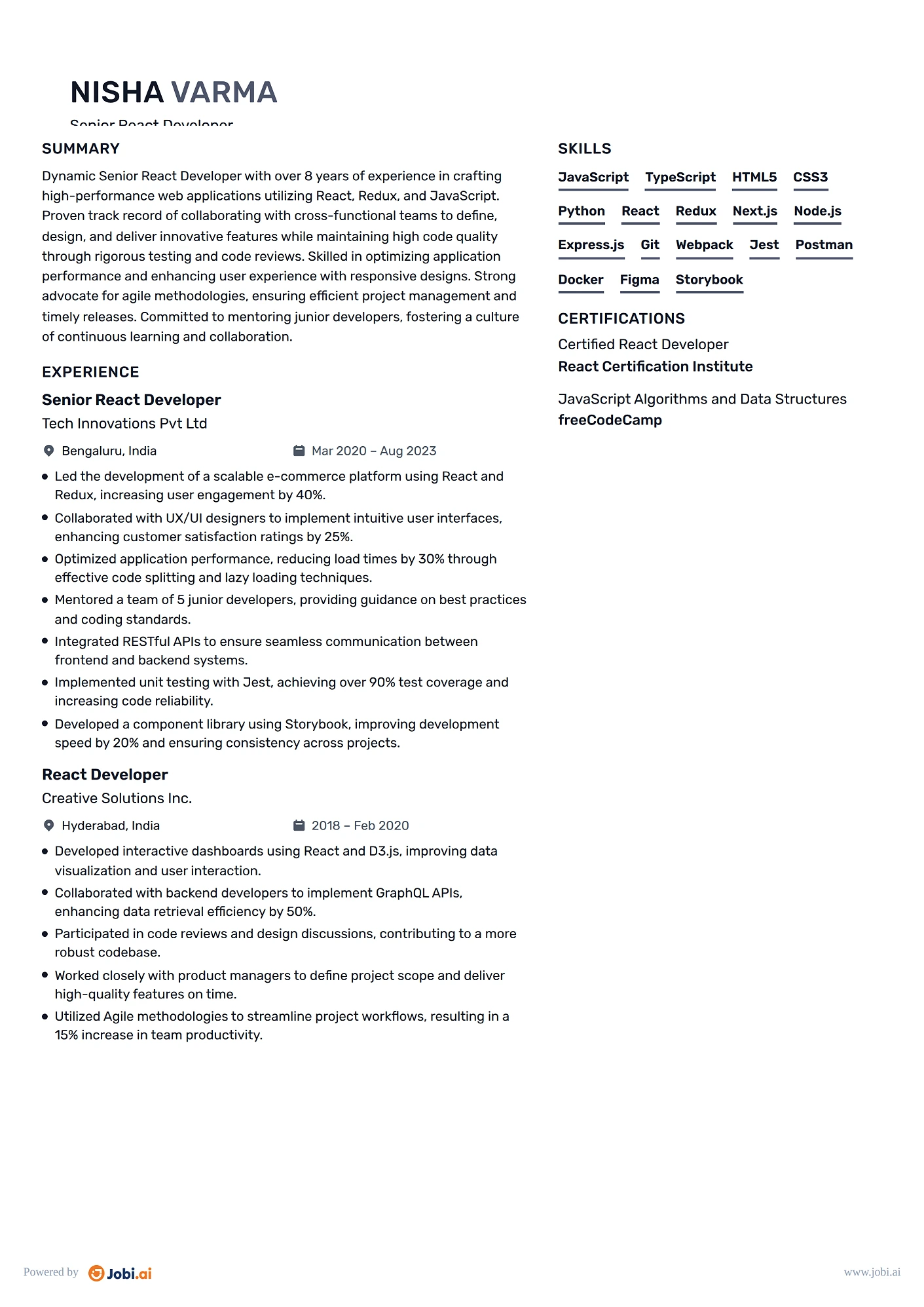 React Developer resume example — Senior React Developer
