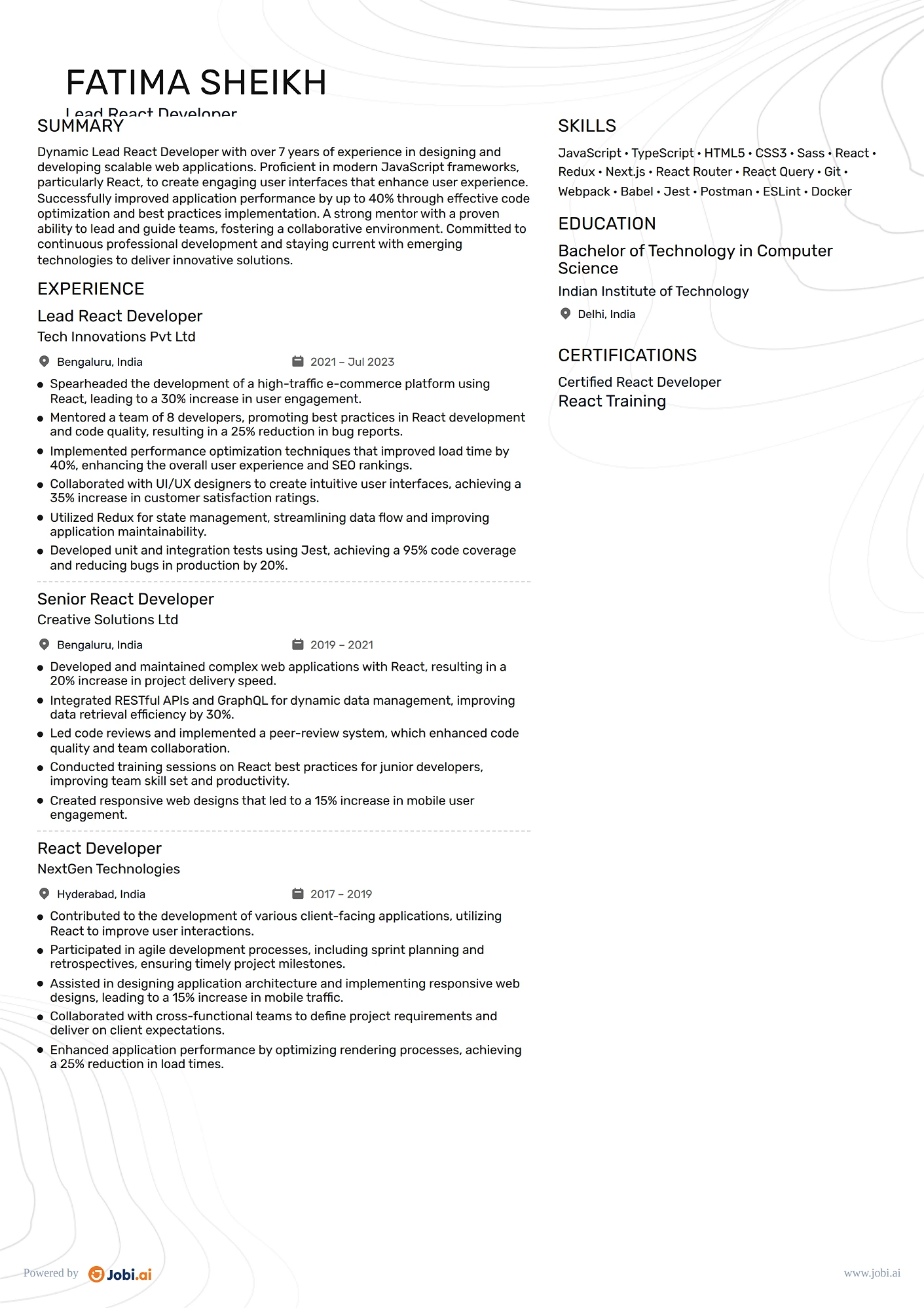 React Developer resume example — Lead React Developer
