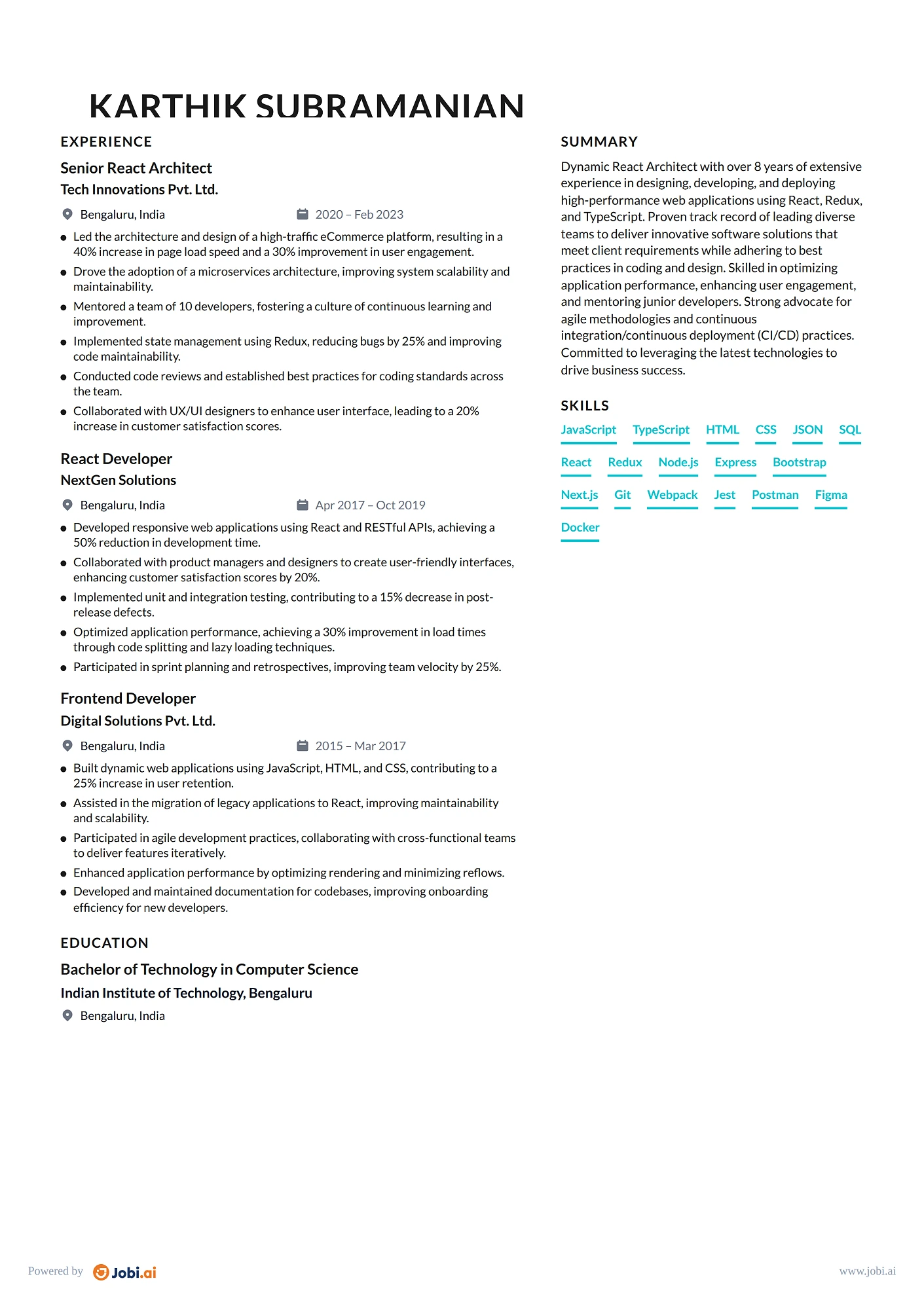 React Developer resume example — React Architect