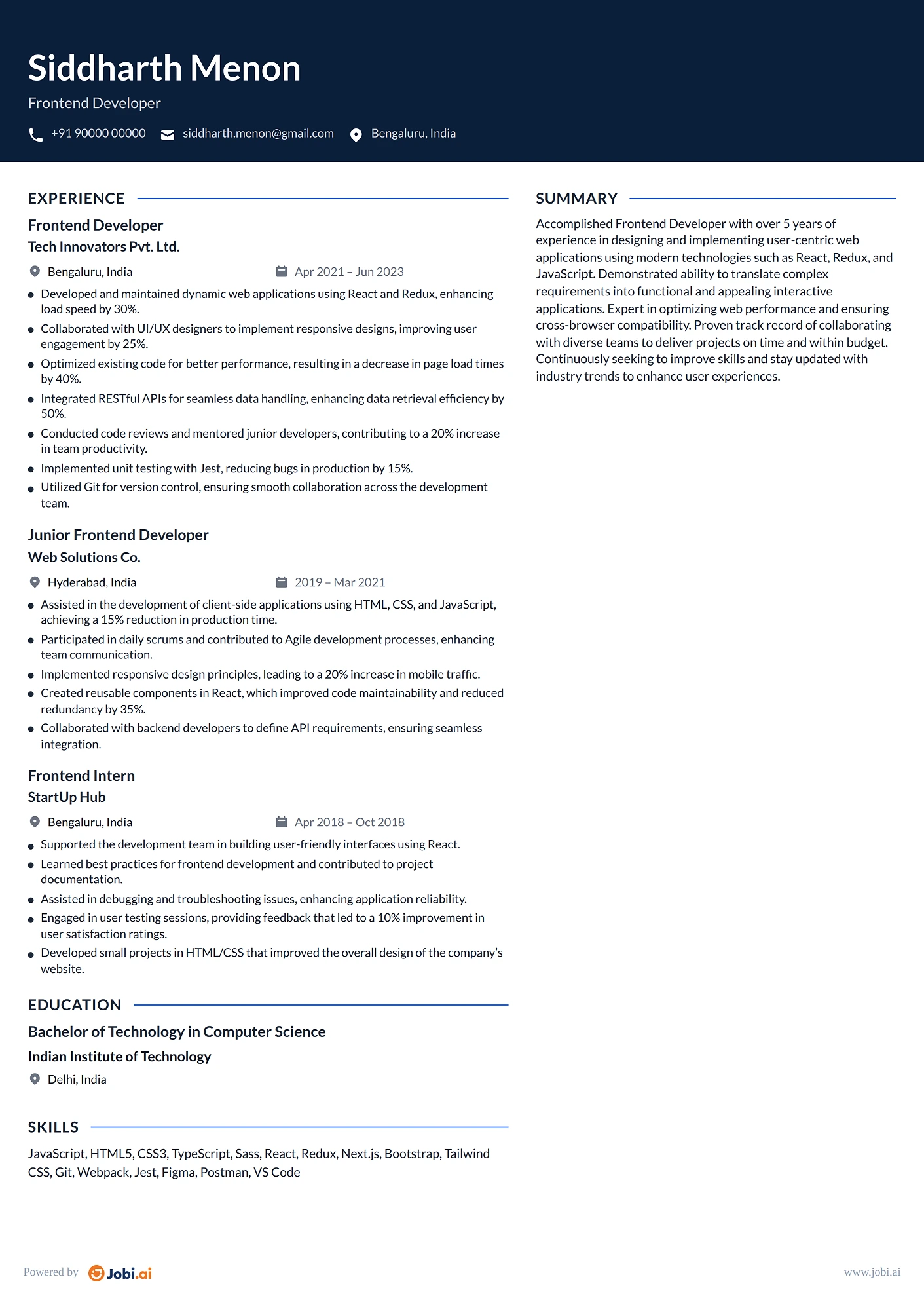 React Developer resume example — Frontend Developer