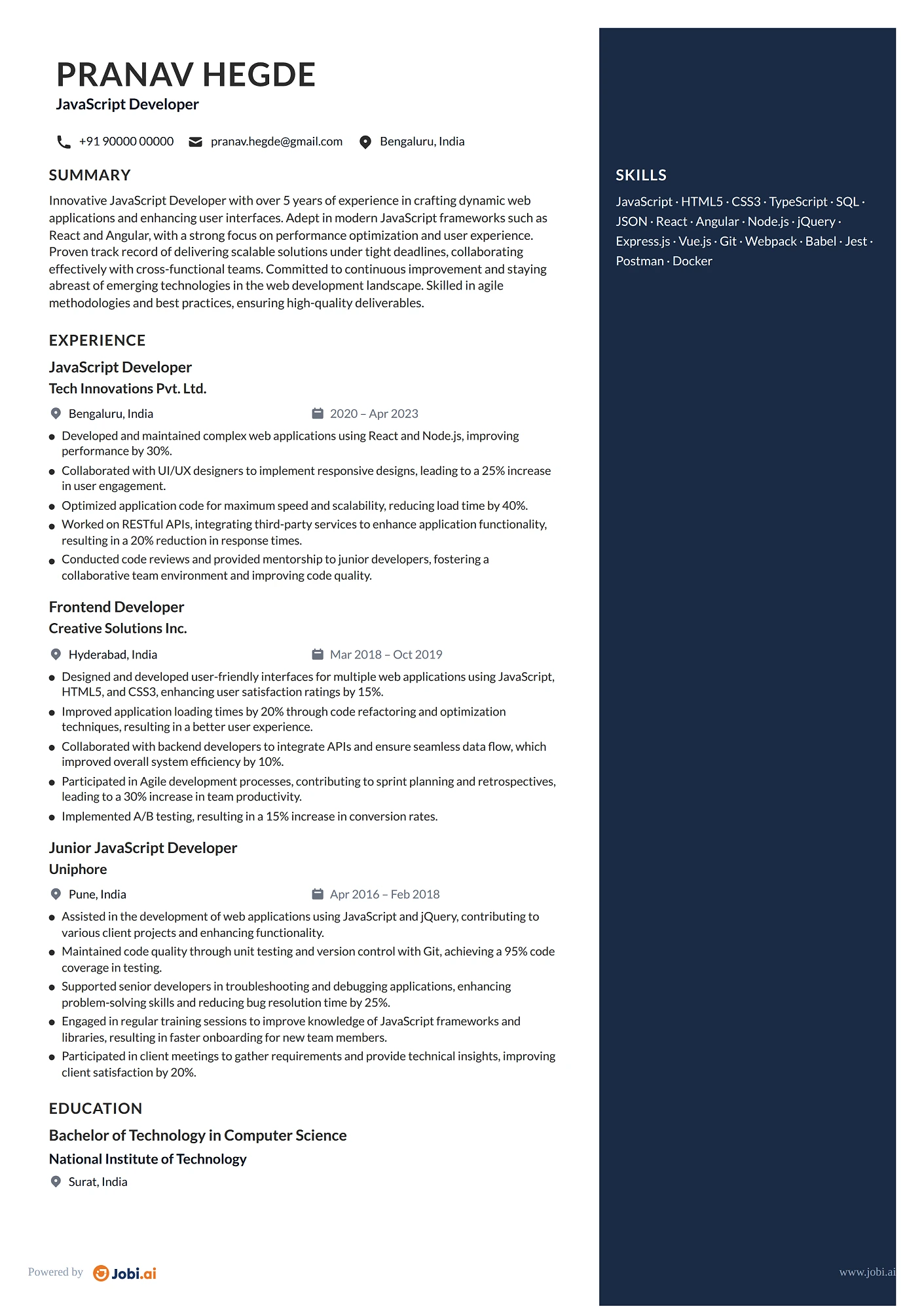 React Developer resume example — JavaScript Developer