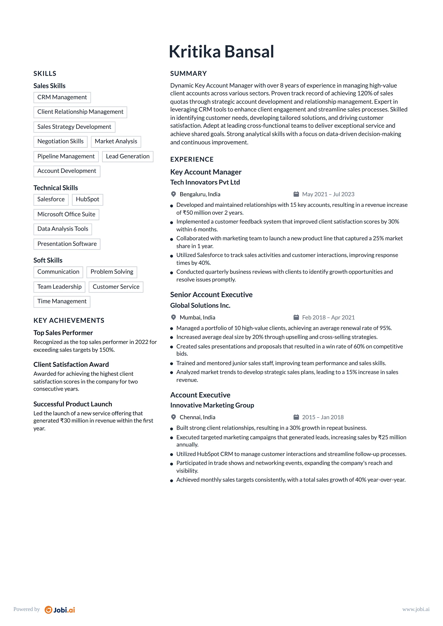 Account Manager resume example — Key Account Manager