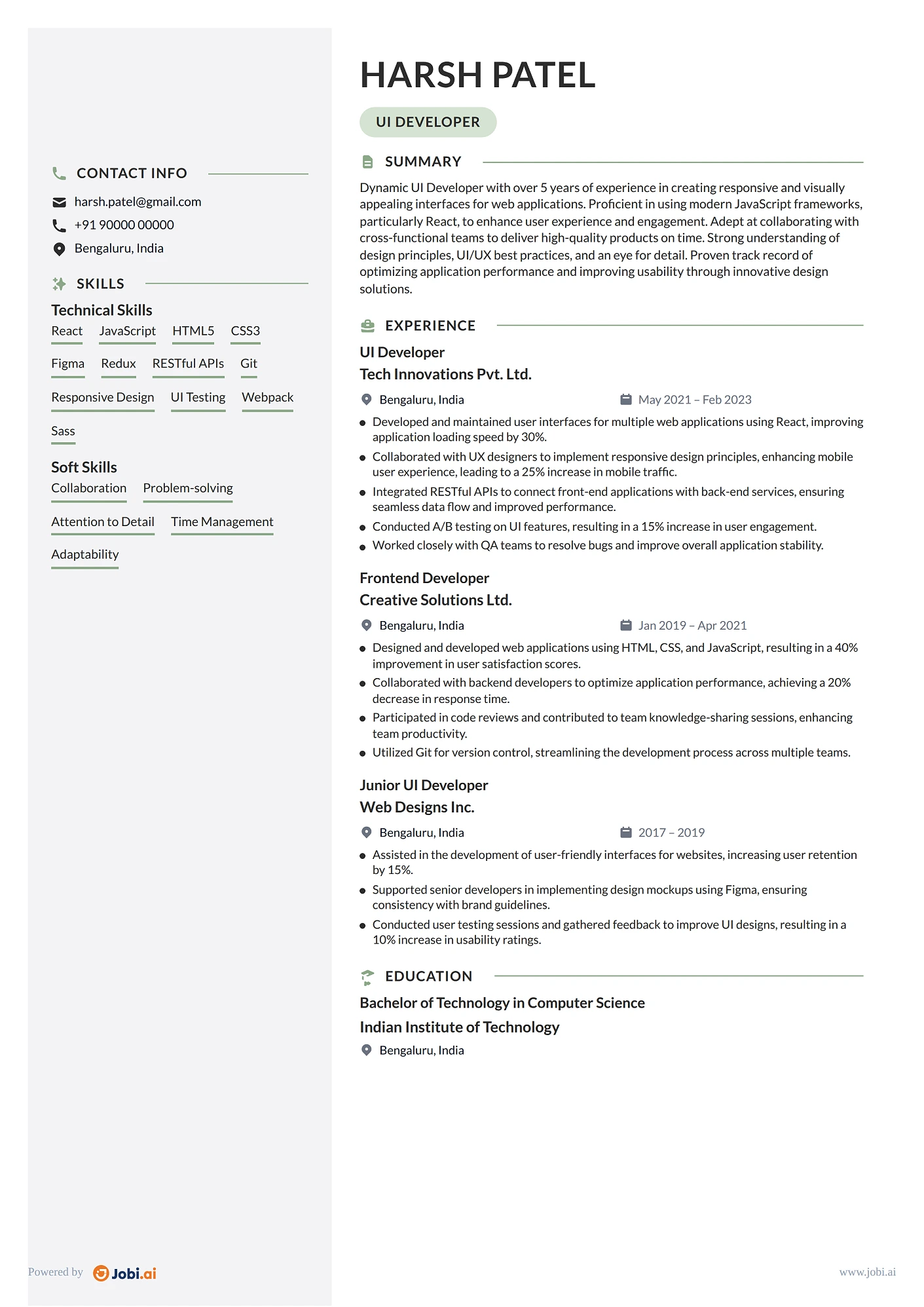 React Developer resume example — UI Developer