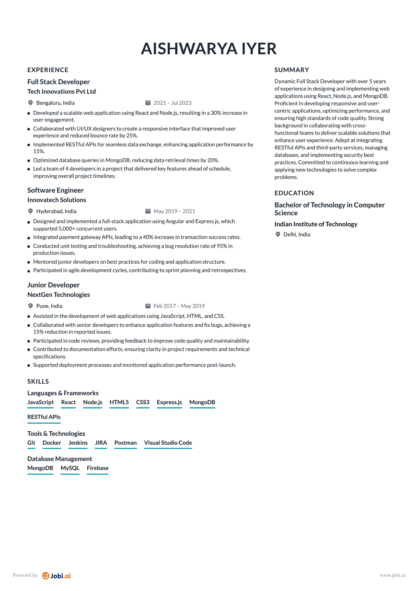React Developer resume example — Full Stack Developer