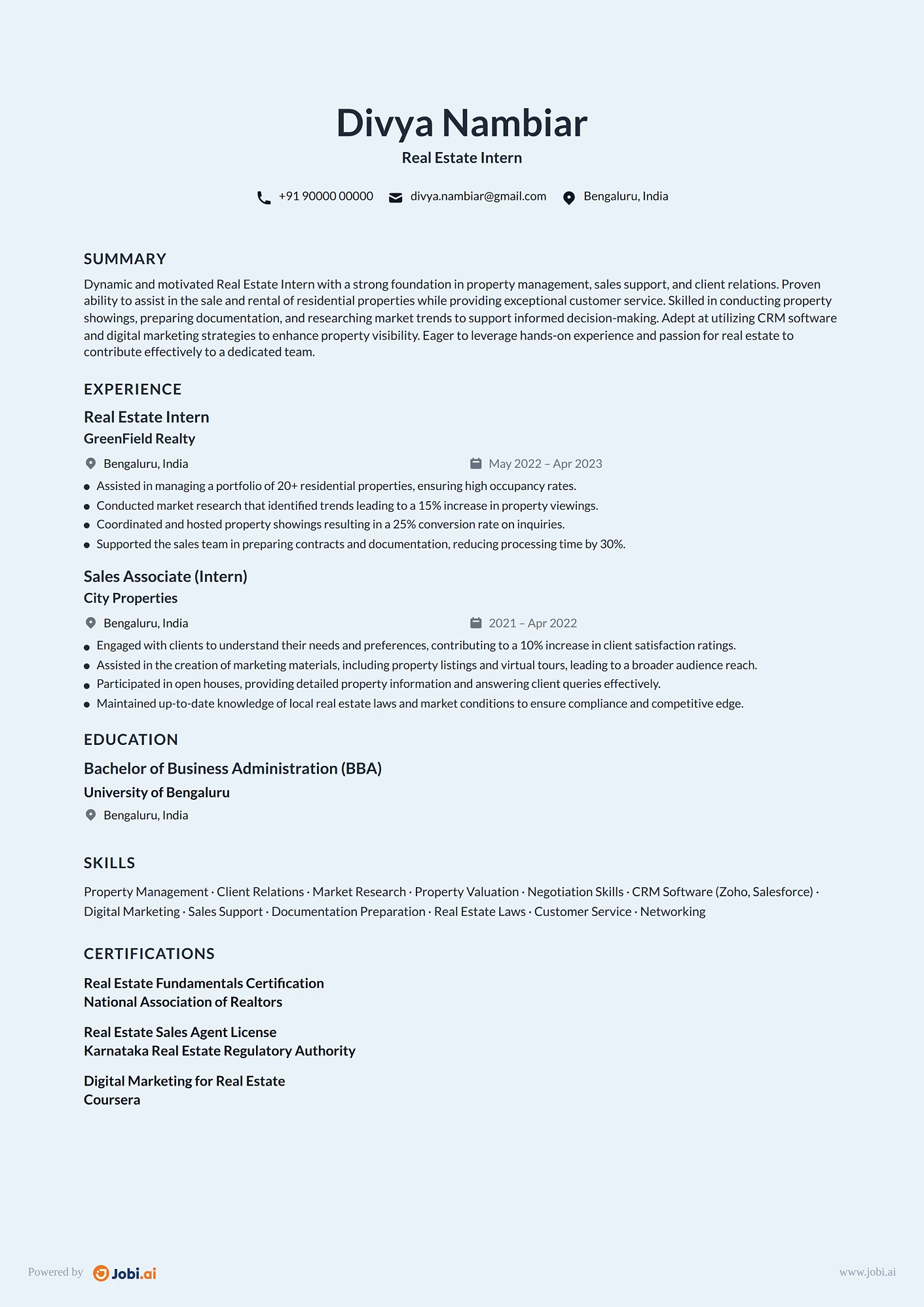 Real Estate Agent resume example — Real Estate Intern