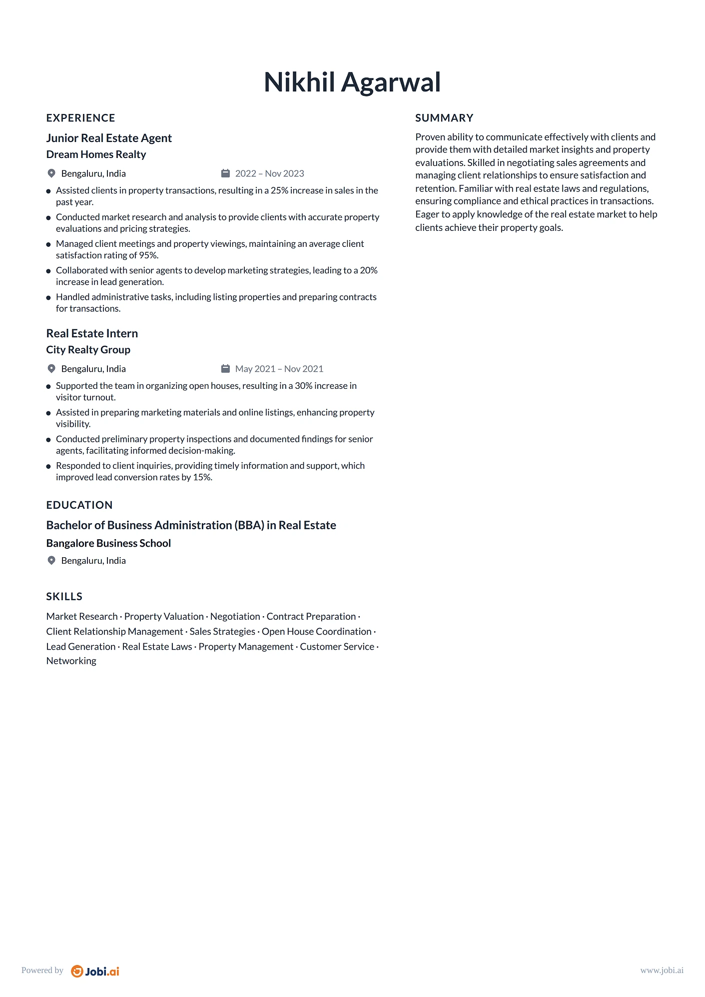 Real Estate Agent resume example — Junior Real Estate Agent