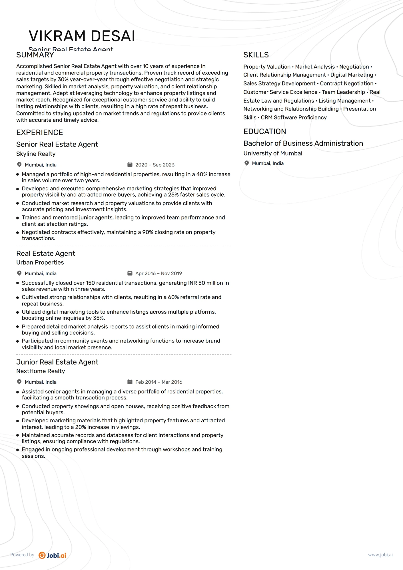 Real Estate Agent resume example — Senior Real Estate Agent