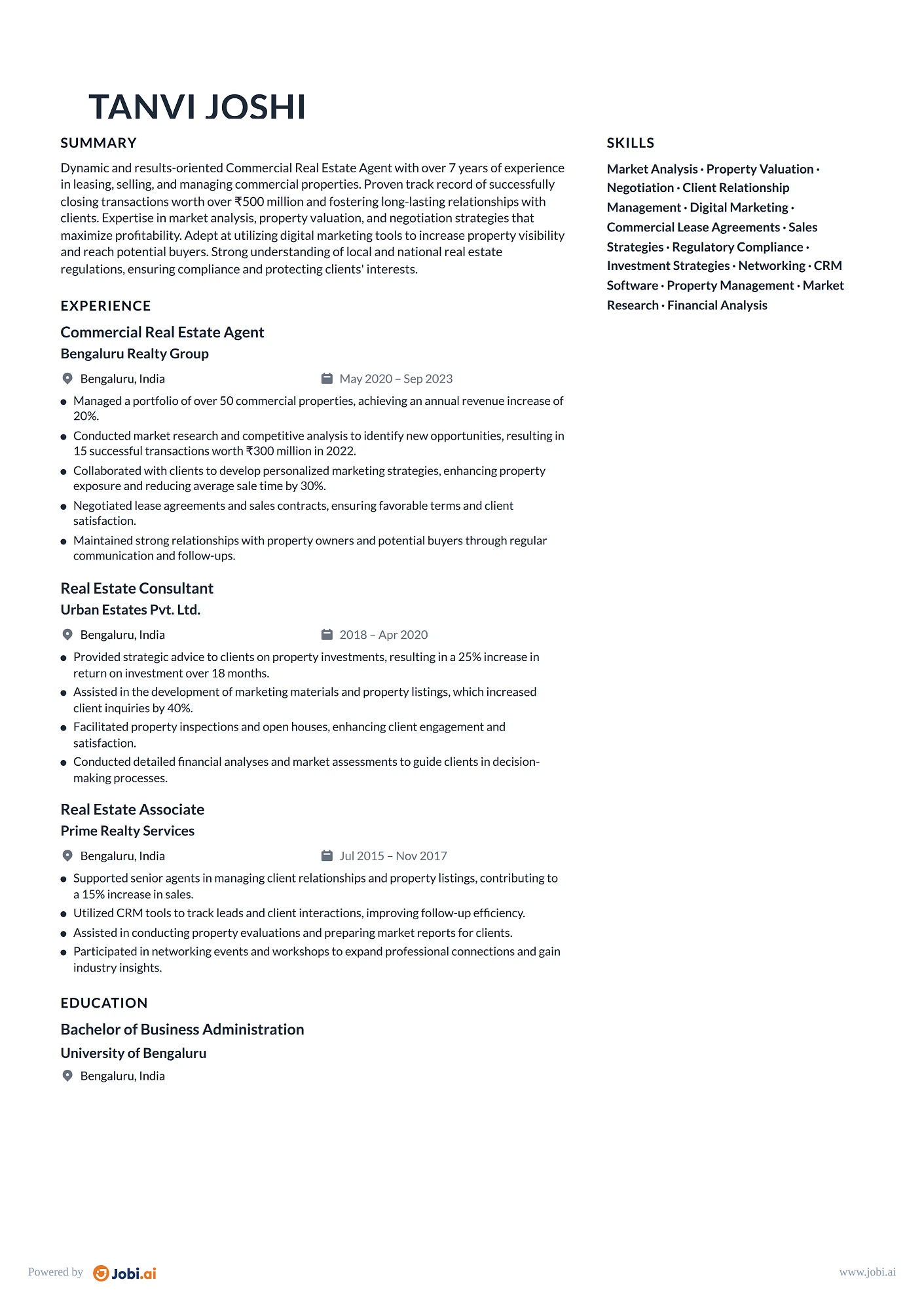 Real Estate Agent resume example — Commercial Real Estate Agent