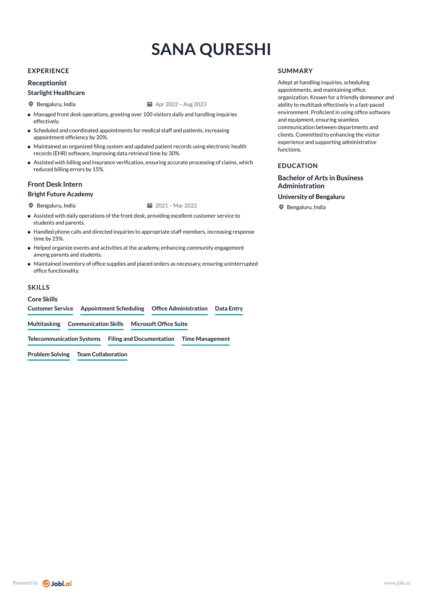 Receptionist resume example
