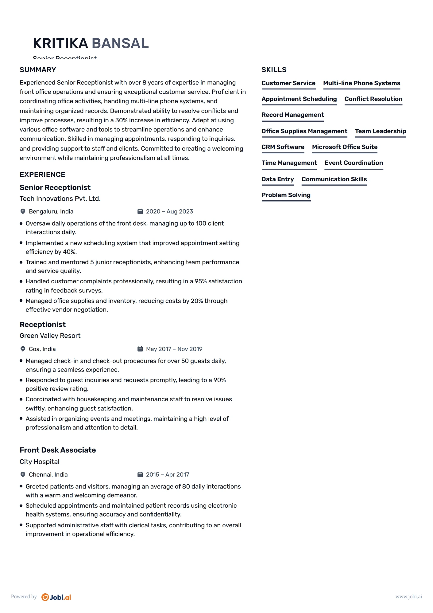 Receptionist resume example — Senior Receptionist