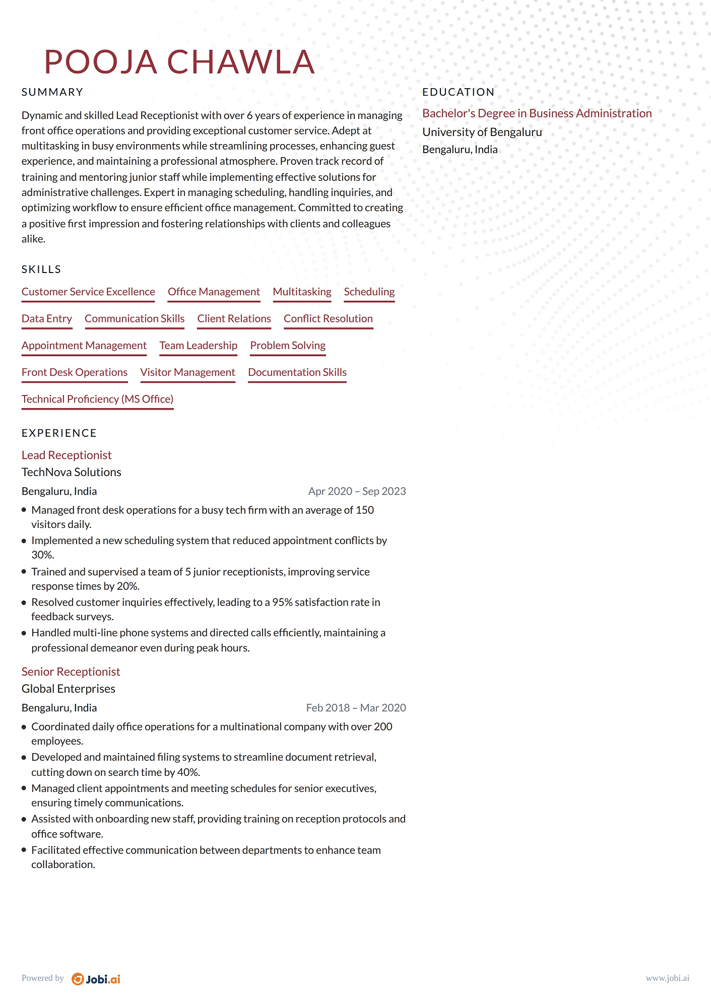 Receptionist resume example — Lead Receptionist