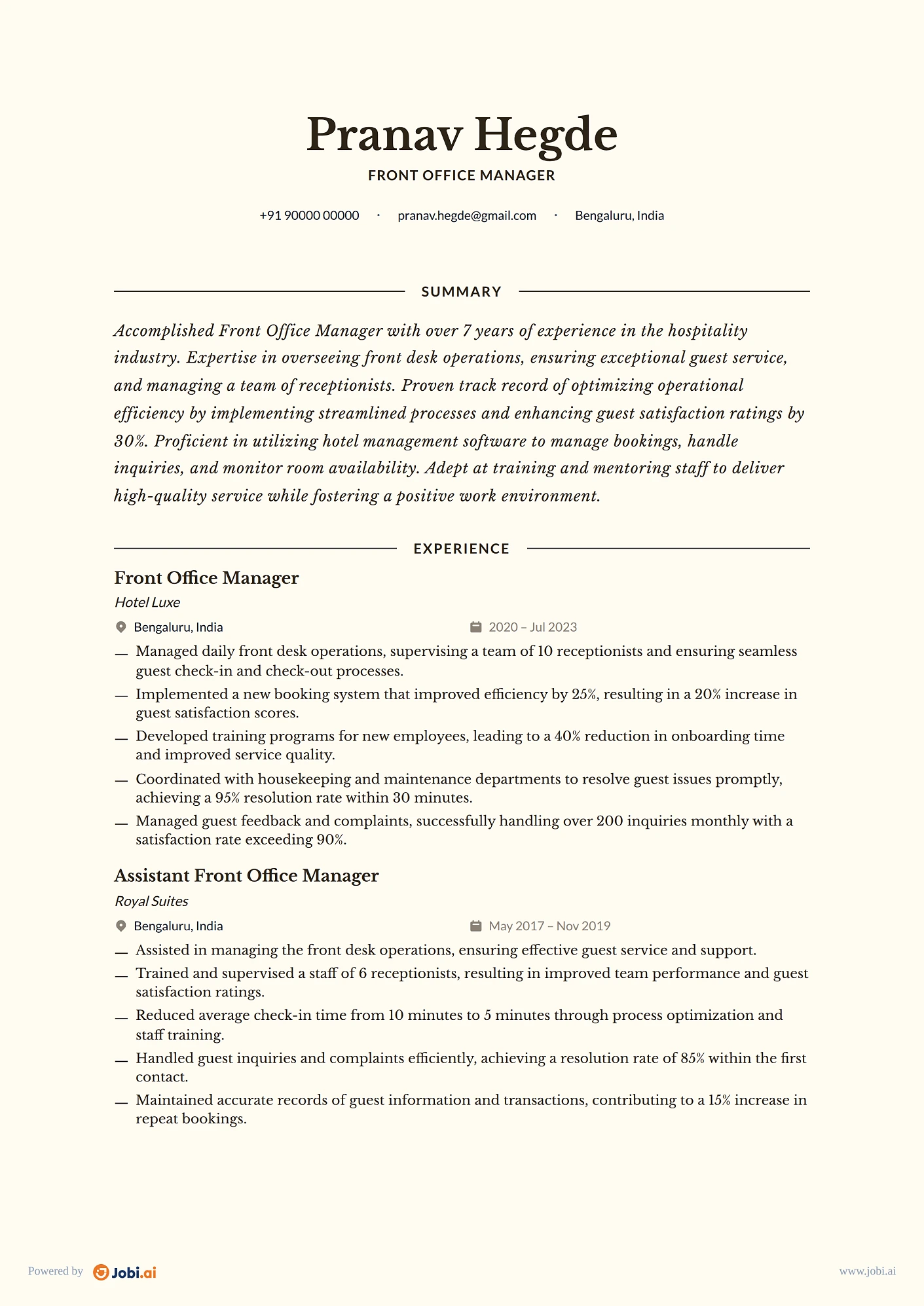 Receptionist resume example — Front Office Manager