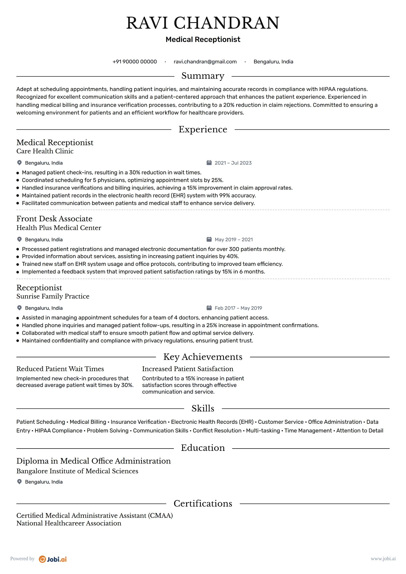 Receptionist resume example — Medical Receptionist