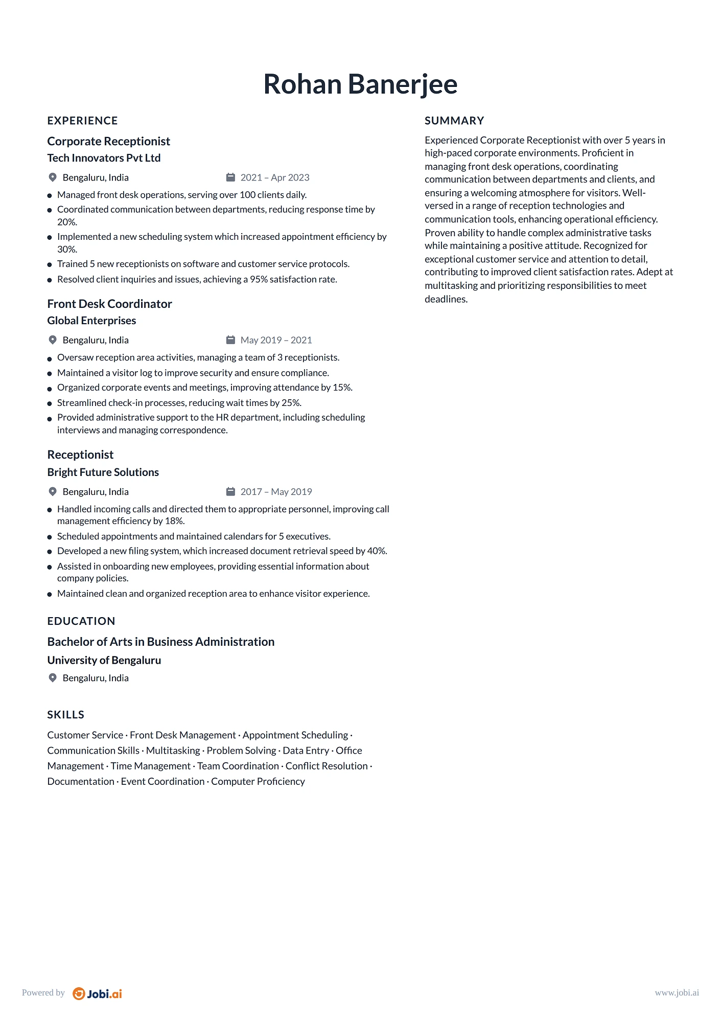 Receptionist resume example — Corporate Receptionist