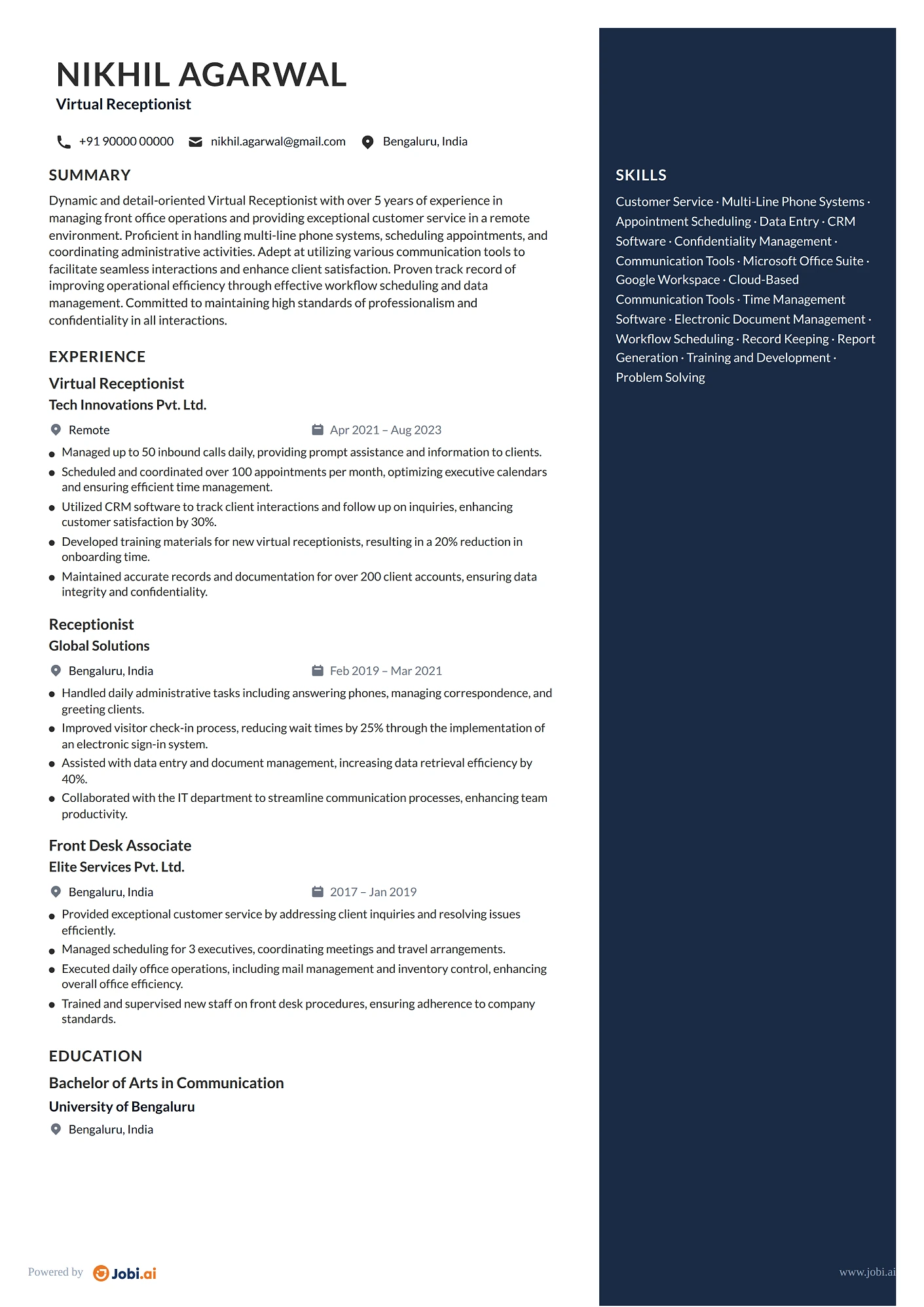 Receptionist resume example — Virtual Receptionist