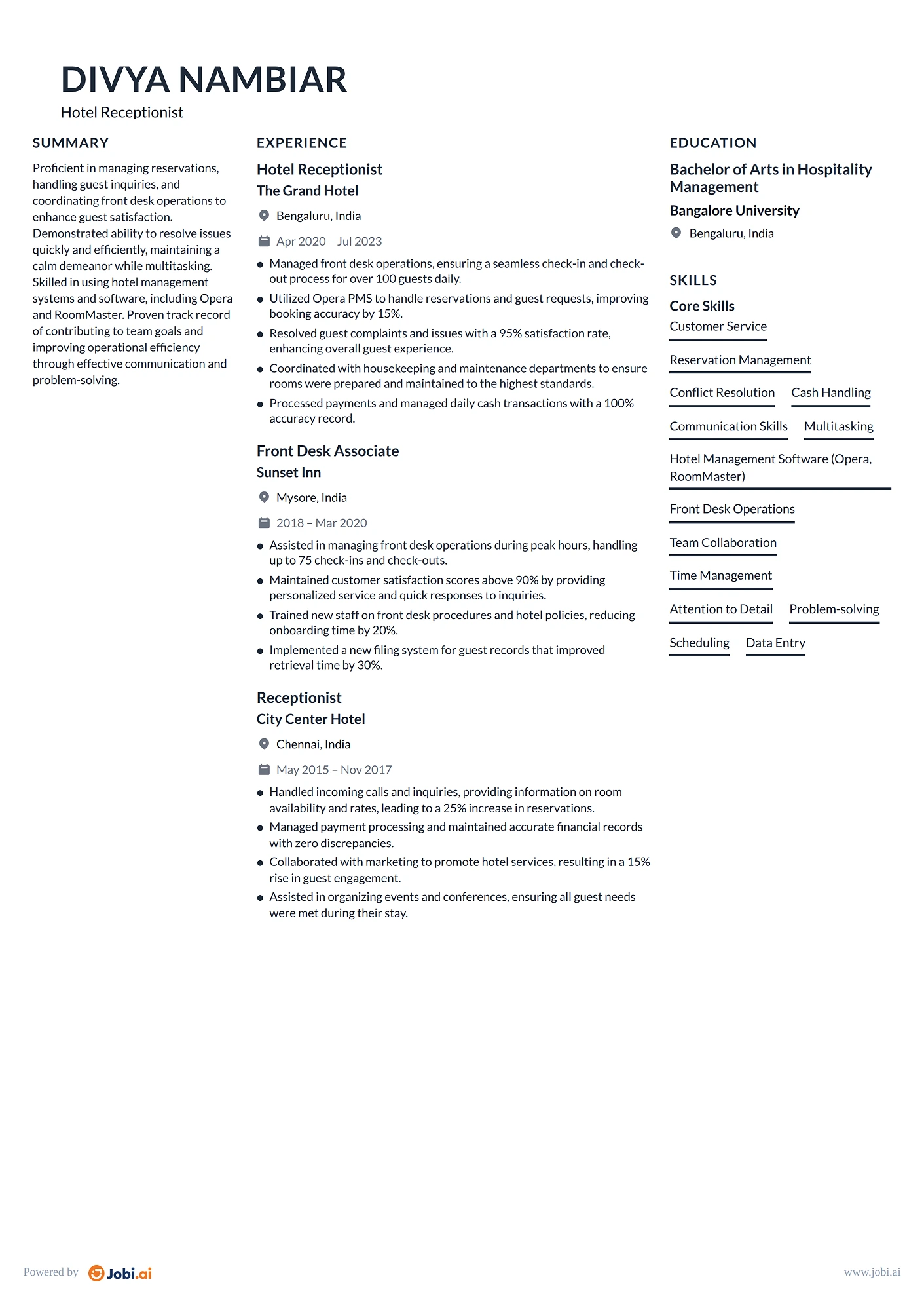 Receptionist resume example — Hotel Receptionist