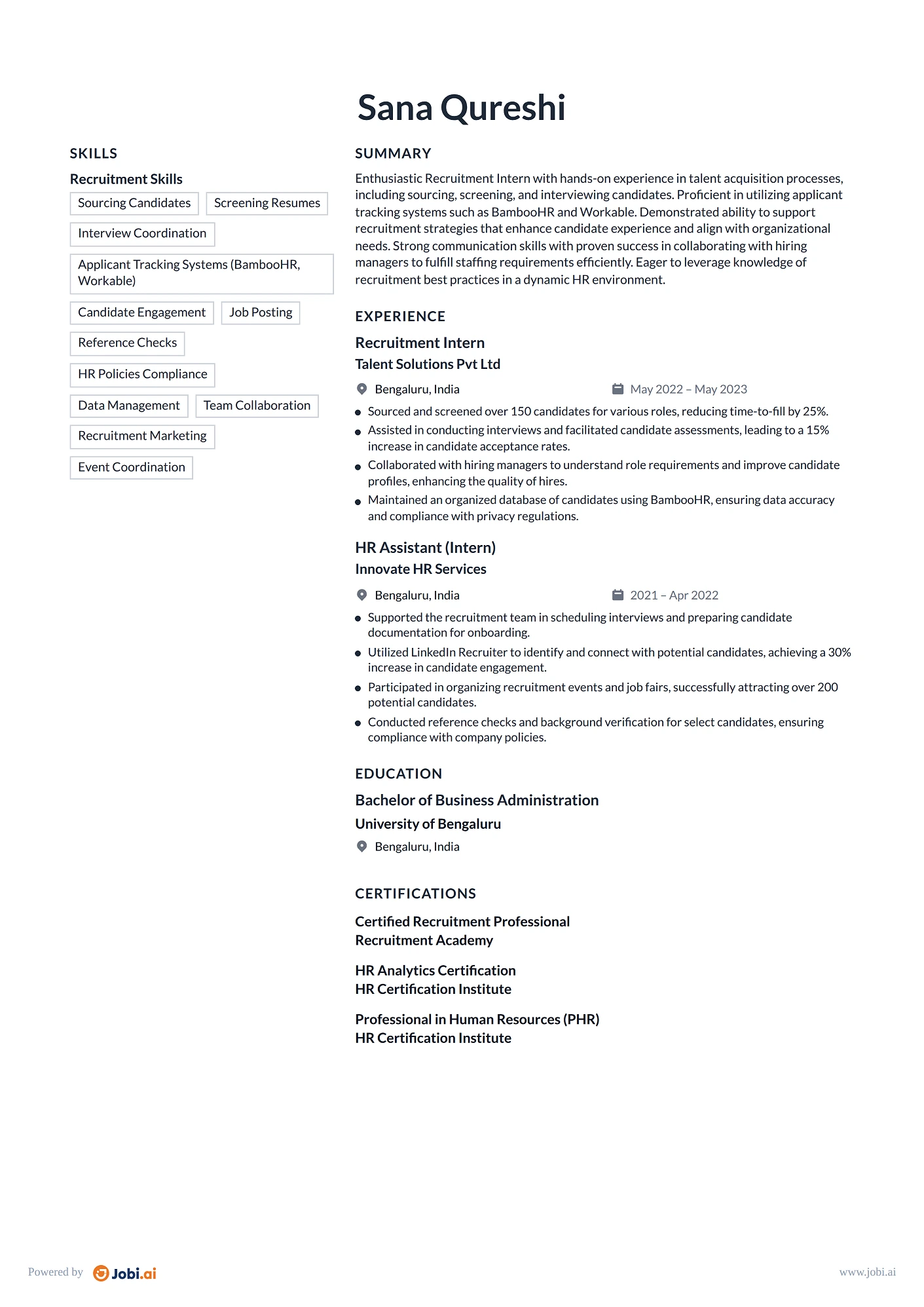 Recruiter resume example — Recruitment Intern